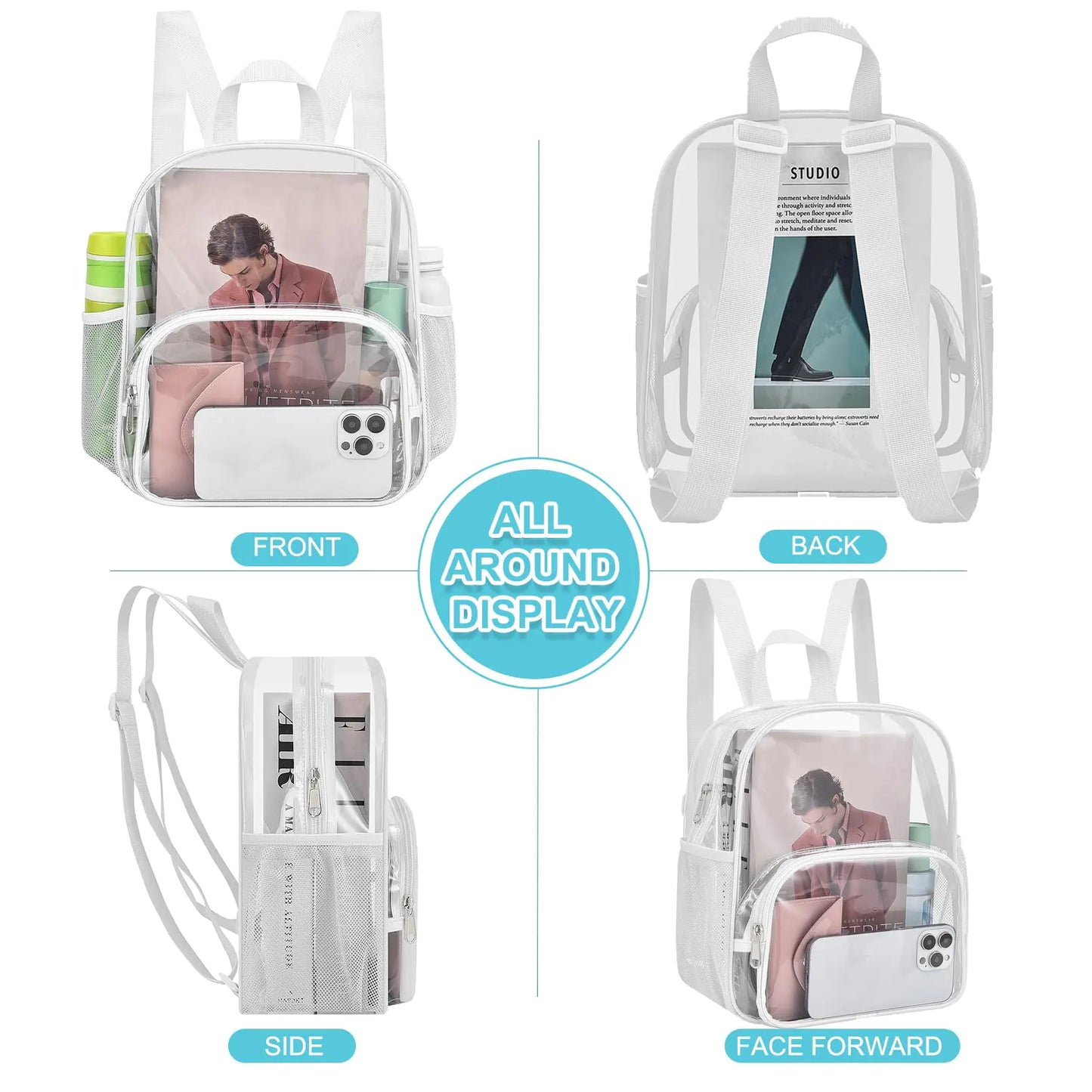 Clear Backpack for Stadium Events Clear Backpack 12x12x6 with Front Pocket for Concert Sport Events Work Travel (White) White One Pocket