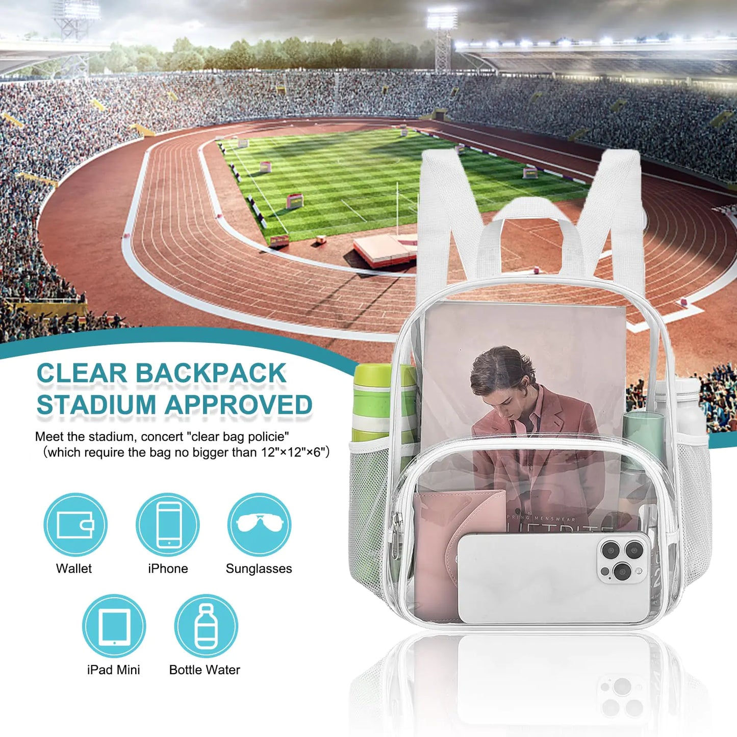 Clear Backpack for Stadium Events Clear Backpack 12x12x6 with Front Pocket for Concert Sport Events Work Travel (White) White One Pocket